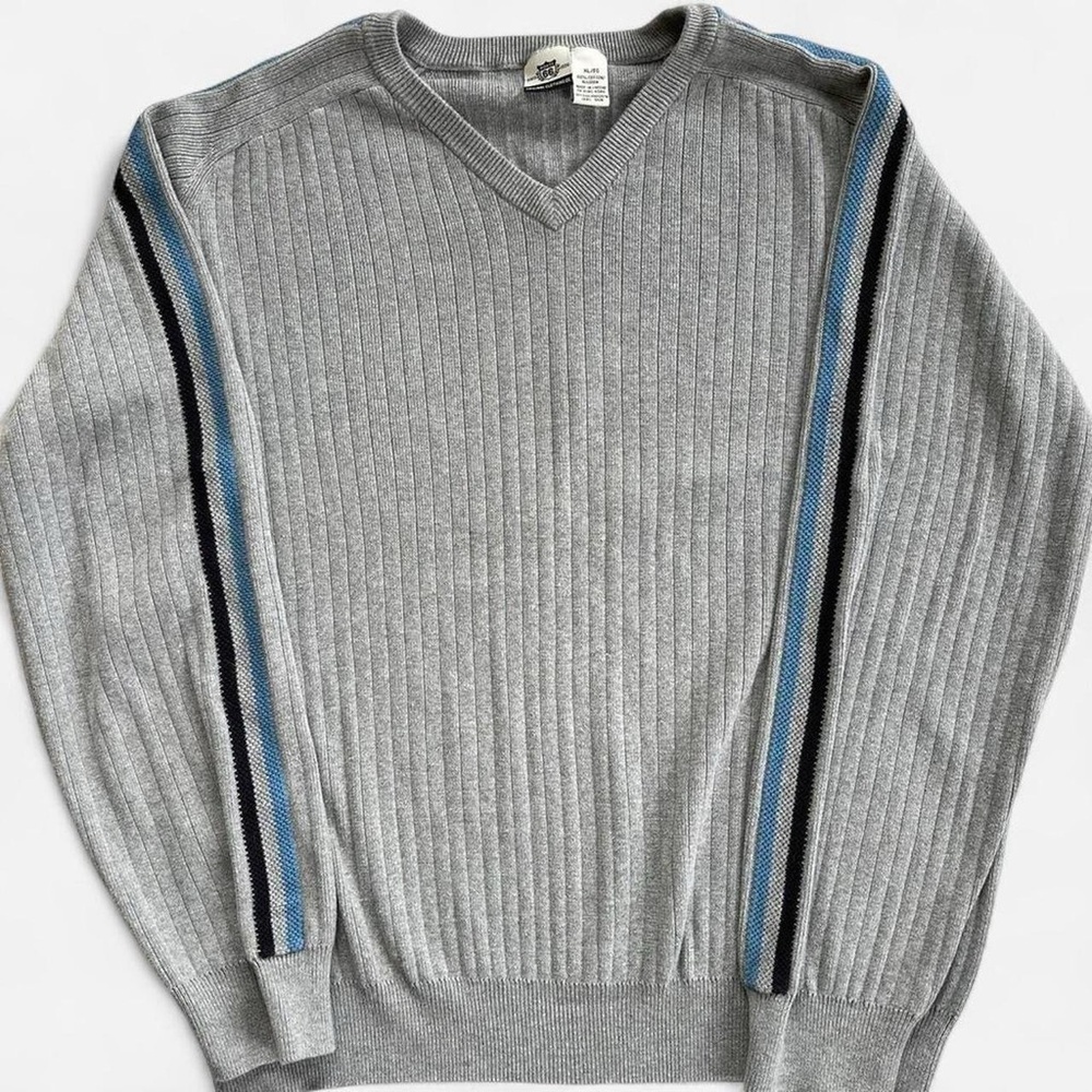 Vintage Route 66 Grey Ribbed Cotton V- Neck Striped Sleeves Sweater